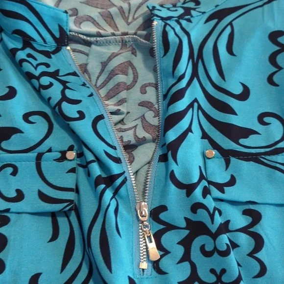 Bepei 2X Long Sleeve Blouse Turquoise Black Paisley Zipper - Picture 11 of 13